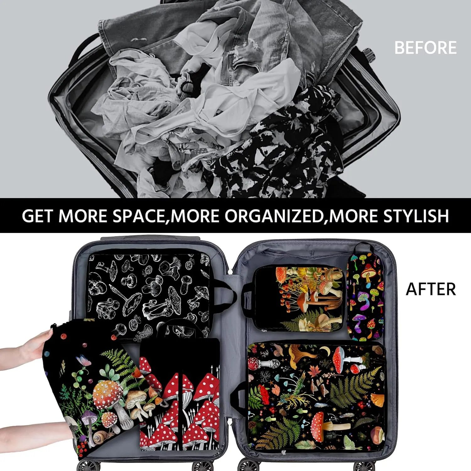 6 Pcs Compression Packing Cubes Waterproof Suitcase Travel Bag Luggage Backpack Organizer Travel Cubes for Packing-Black Mushroom