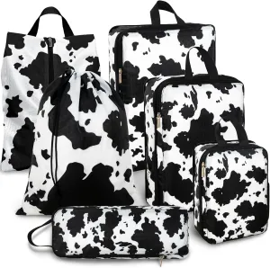 6 Pcs Compression Packing Cubes Waterproof Suitcase Travel Bag Luggage Backpack Organizer Travel Cubes for Packing-Cow Print