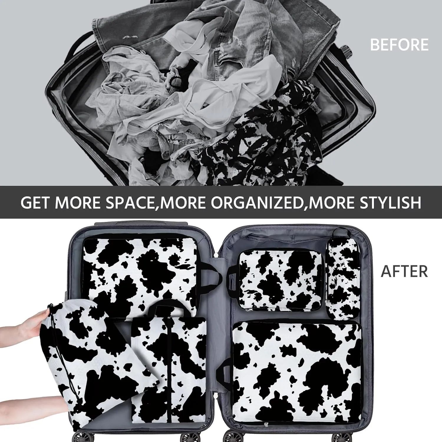6 Pcs Compression Packing Cubes Waterproof Suitcase Travel Bag Luggage Backpack Organizer Travel Cubes for Packing-Cow Print