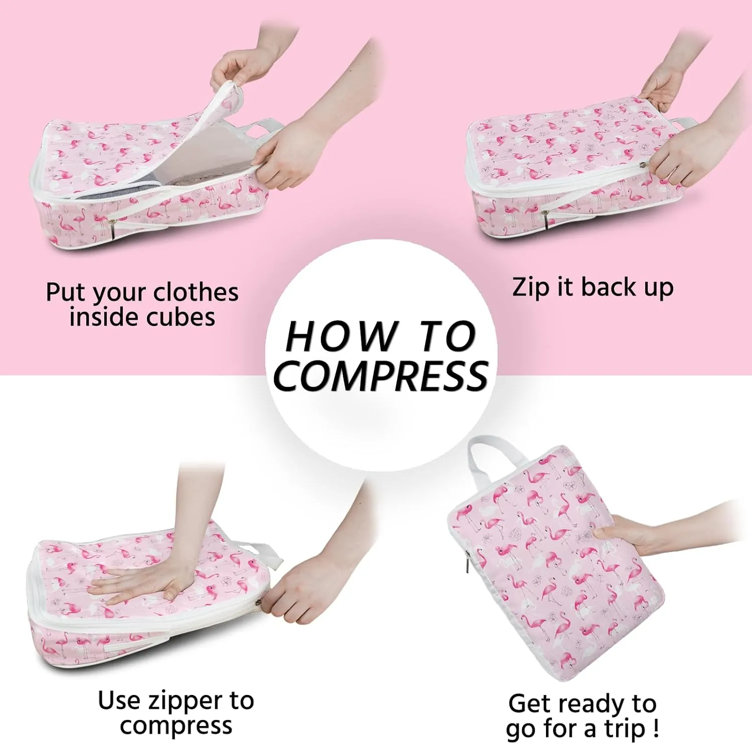 6 Pcs Compression Packing Cubes Waterproof Suitcase Travel Bag Luggage Backpack Organizer Travel Cubes for Packing-Flamingo