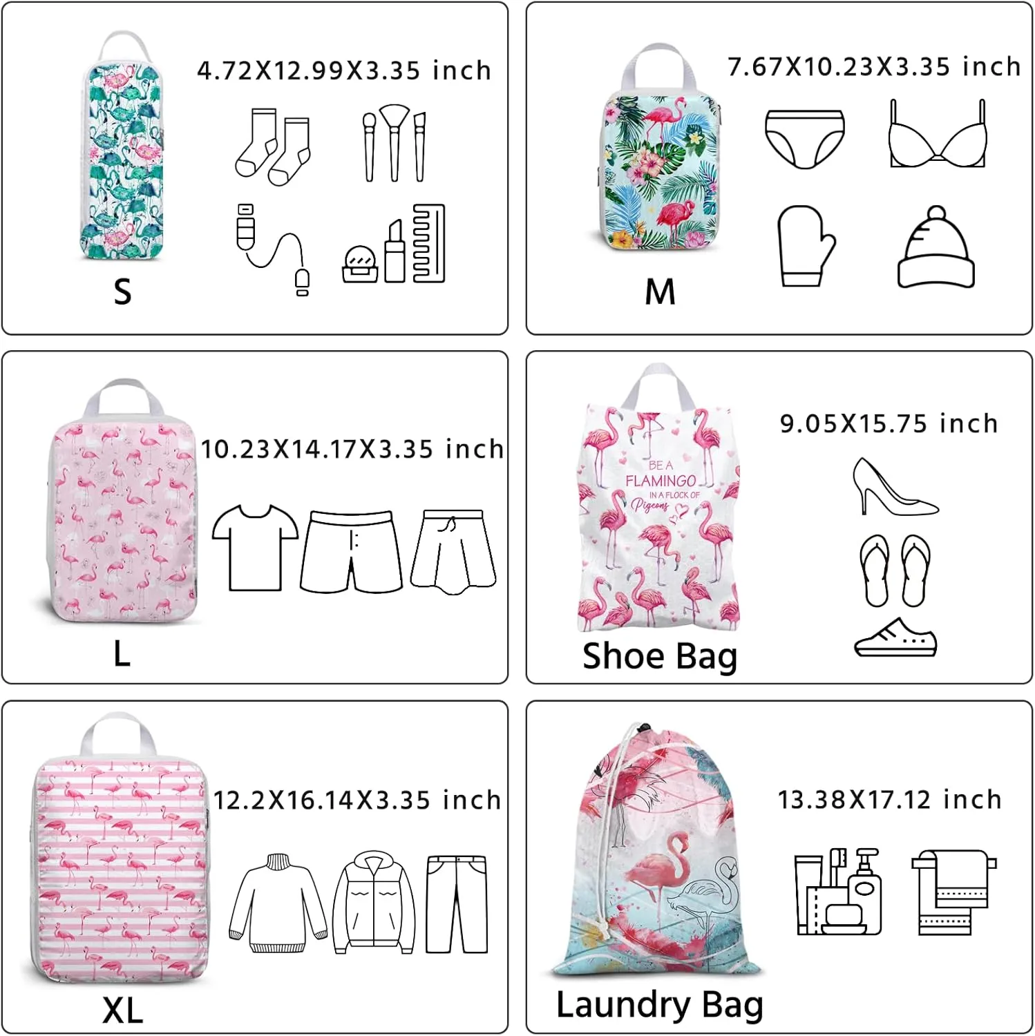 6 Pcs Compression Packing Cubes Waterproof Suitcase Travel Bag Luggage Backpack Organizer Travel Cubes for Packing-Flamingo