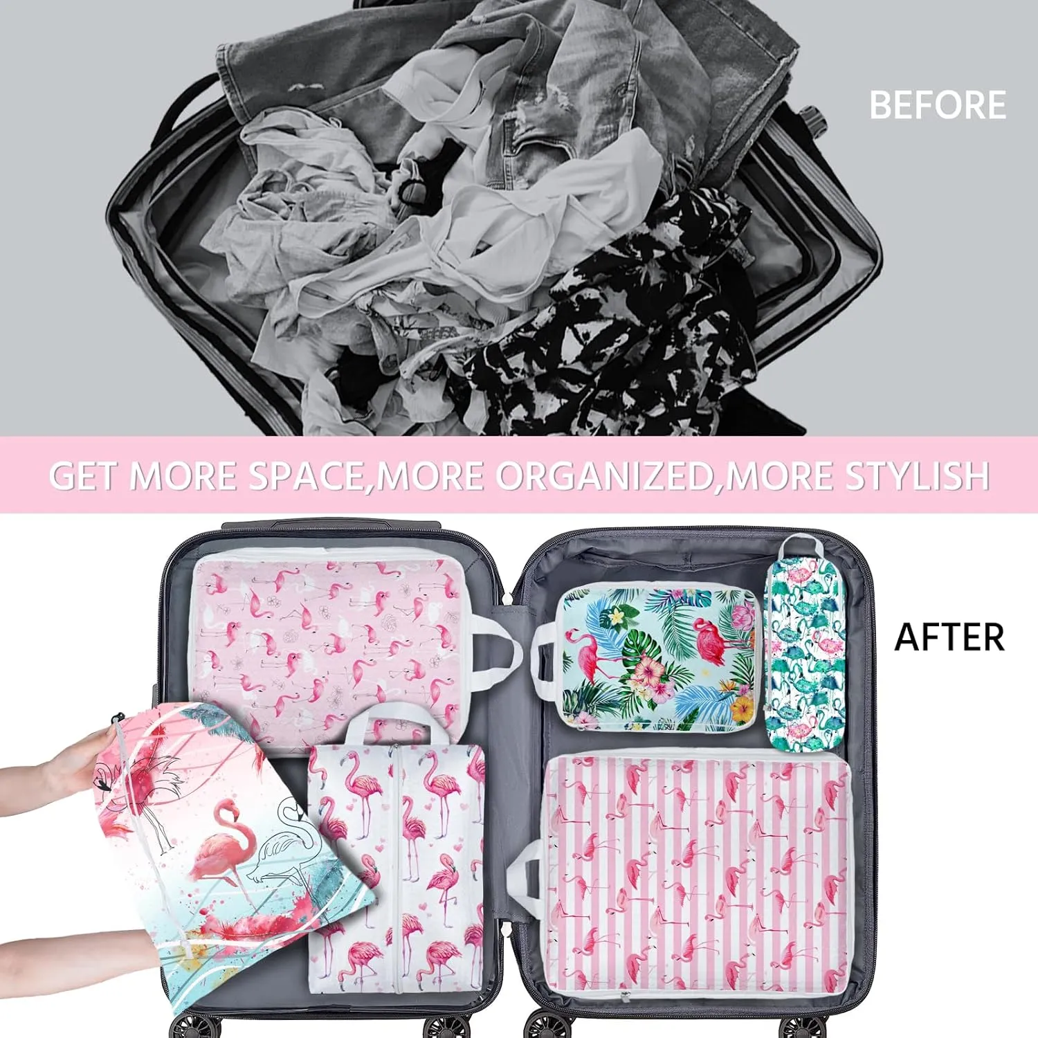 6 Pcs Compression Packing Cubes Waterproof Suitcase Travel Bag Luggage Backpack Organizer Travel Cubes for Packing-Flamingo