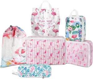 6 Pcs Compression Packing Cubes Waterproof Suitcase Travel Bag Luggage Backpack Organizer Travel Cubes for Packing-Flamingo