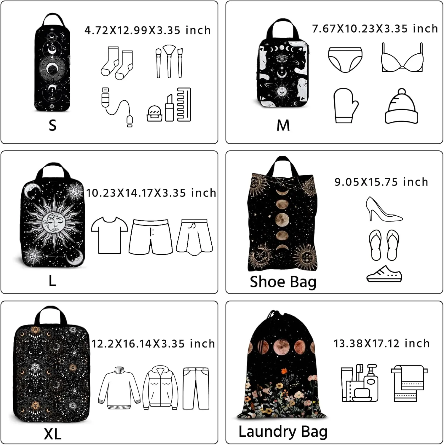 6 Pcs Compression Packing Cubes Waterproof Suitcase Travel Bag Luggage Backpack Organizer Travel Cubes for Packing-Gothic Style