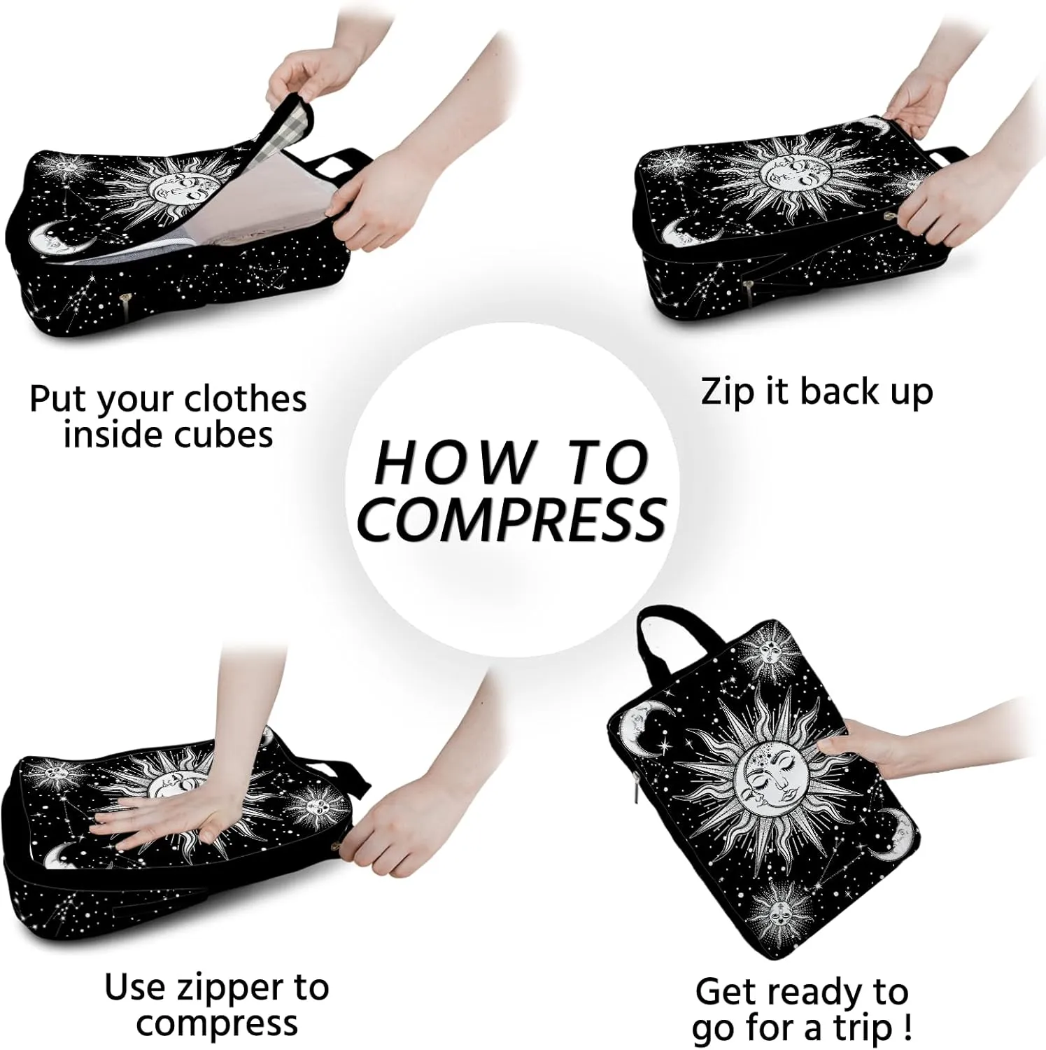 6 Pcs Compression Packing Cubes Waterproof Suitcase Travel Bag Luggage Backpack Organizer Travel Cubes for Packing-Gothic Style