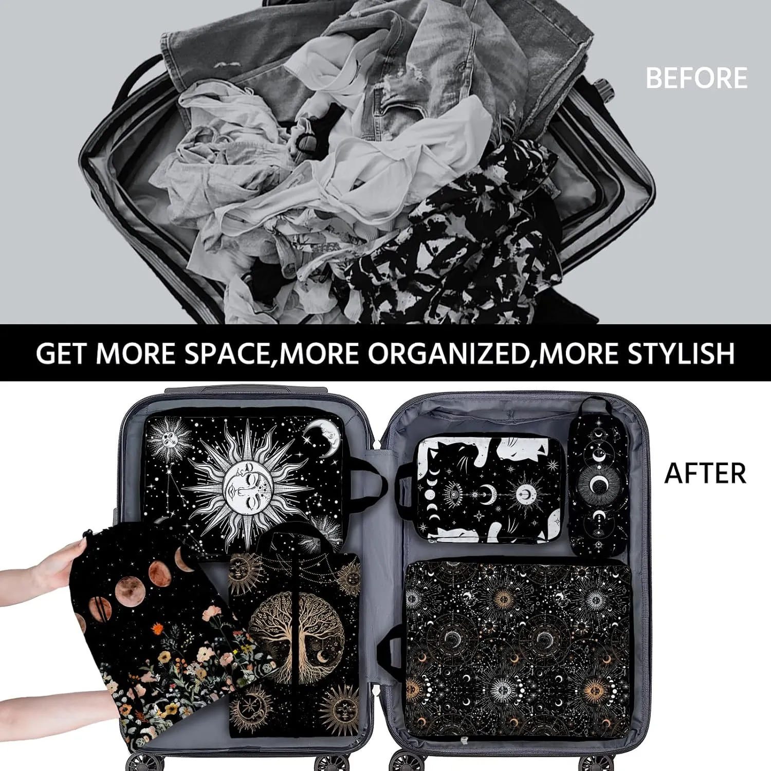 6 Pcs Compression Packing Cubes Waterproof Suitcase Travel Bag Luggage Backpack Organizer Travel Cubes for Packing-Gothic Style