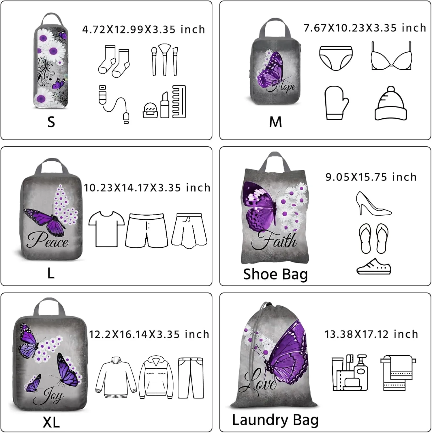 6 Pcs Compression Packing Cubes Waterproof Suitcase Travel Bag Luggage Backpack Organizer Travel Cubes for Packing-Purple Butterfly