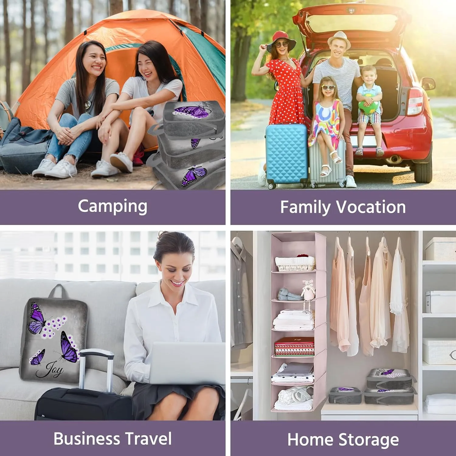 6 Pcs Compression Packing Cubes Waterproof Suitcase Travel Bag Luggage Backpack Organizer Travel Cubes for Packing-Purple Butterfly