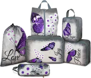 6 Pcs Compression Packing Cubes Waterproof Suitcase Travel Bag Luggage Backpack Organizer Travel Cubes for Packing-Purple Butterfly
