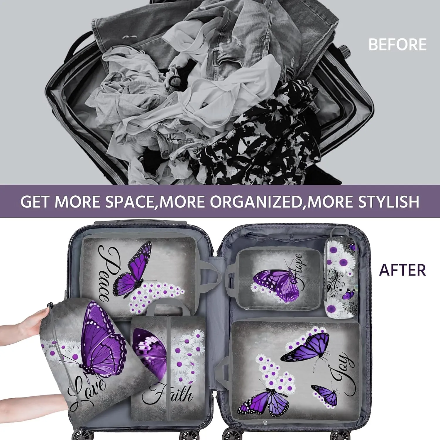 6 Pcs Compression Packing Cubes Waterproof Suitcase Travel Bag Luggage Backpack Organizer Travel Cubes for Packing-Purple Butterfly