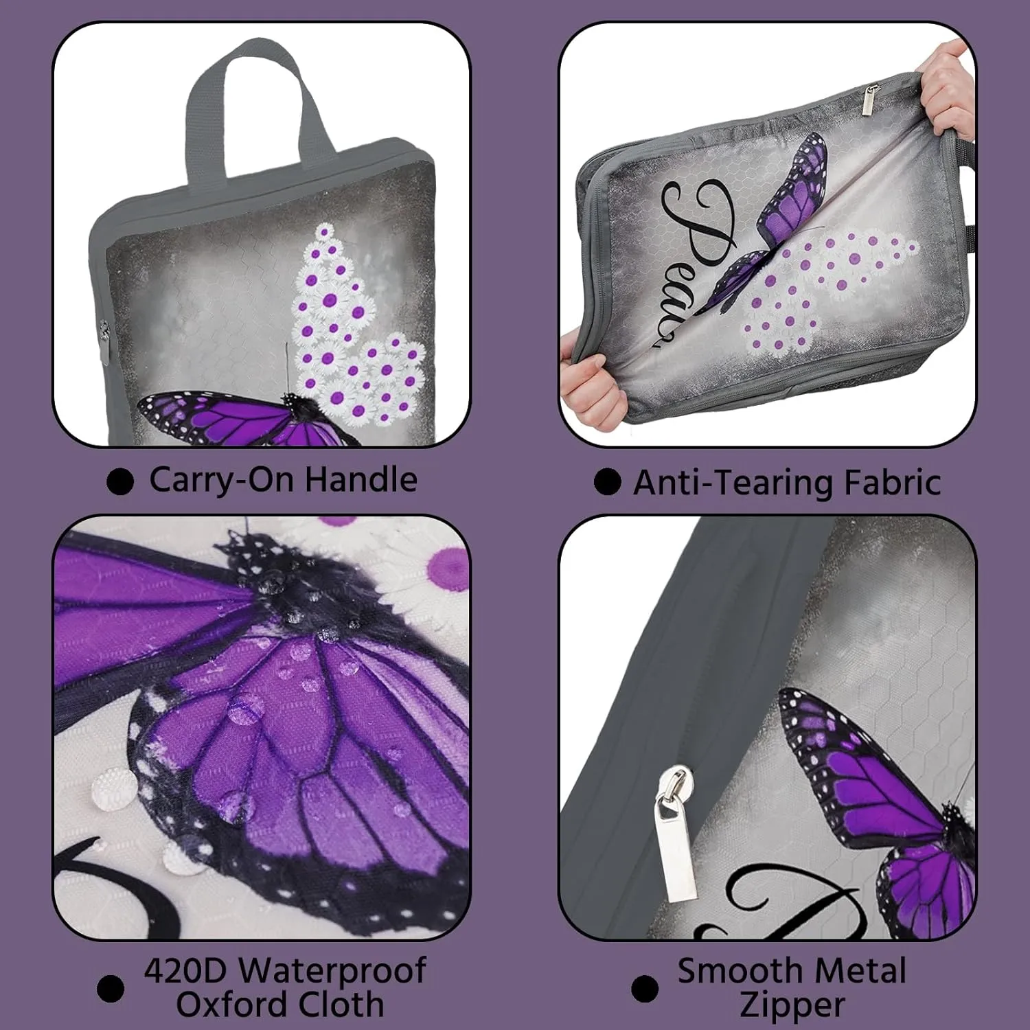 6 Pcs Compression Packing Cubes Waterproof Suitcase Travel Bag Luggage Backpack Organizer Travel Cubes for Packing-Purple Butterfly