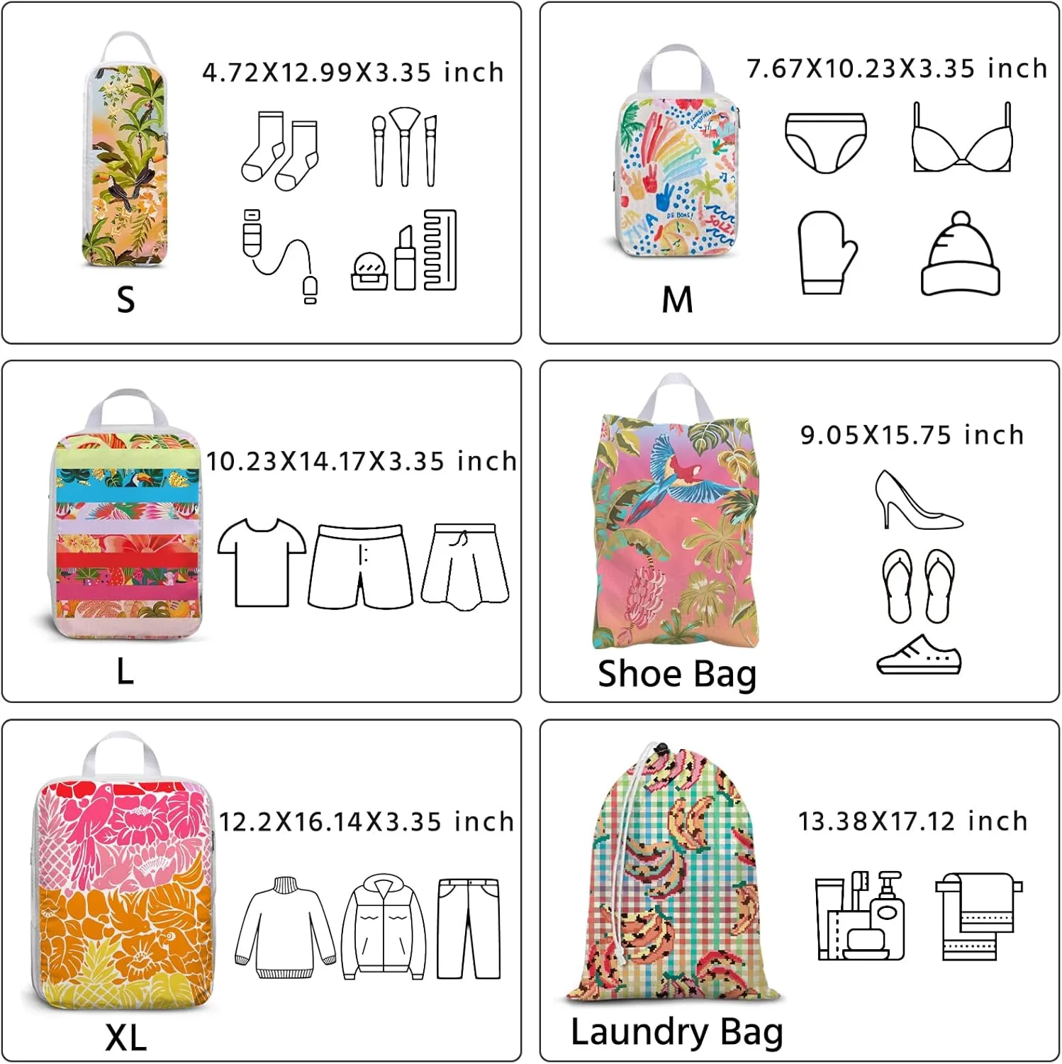 6 Pcs Compression Packing Cubes Waterproof Suitcase Travel Bag Luggage Backpack Organizer Travel Cubes for Packing-Tropical Banana