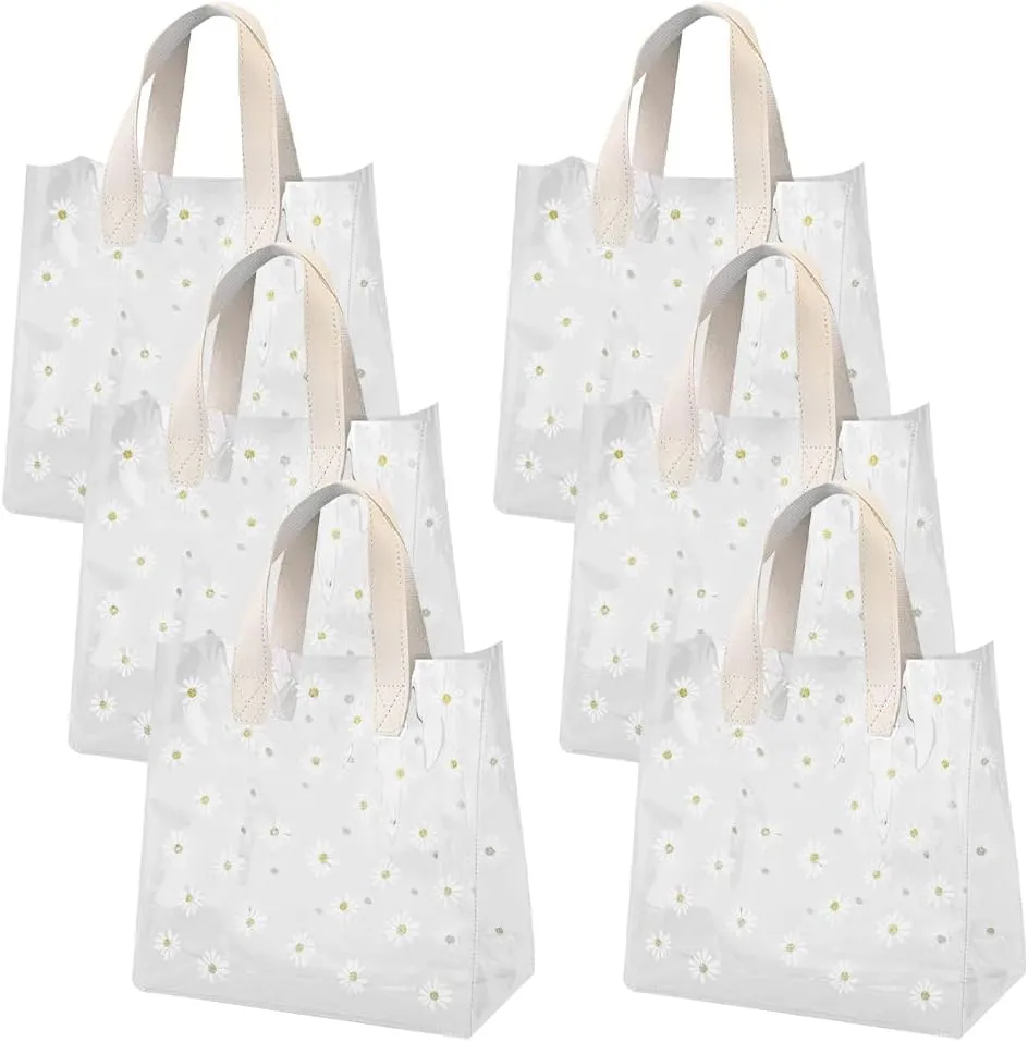 6 Pcs Daisy Print Gift Bags Clear Plastic Gift Tote Bags Bridal Shower Goodie Bags Cute Flower Present Bags Party Favor Bags for Wedding Birthday