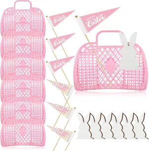 6 Pcs Jelly Bag Cute Jelly Baskets Summer Beach Bag with Wooden Rabbit Tag Pennant Bunny Decoration Beach Tote for Women(Pink)