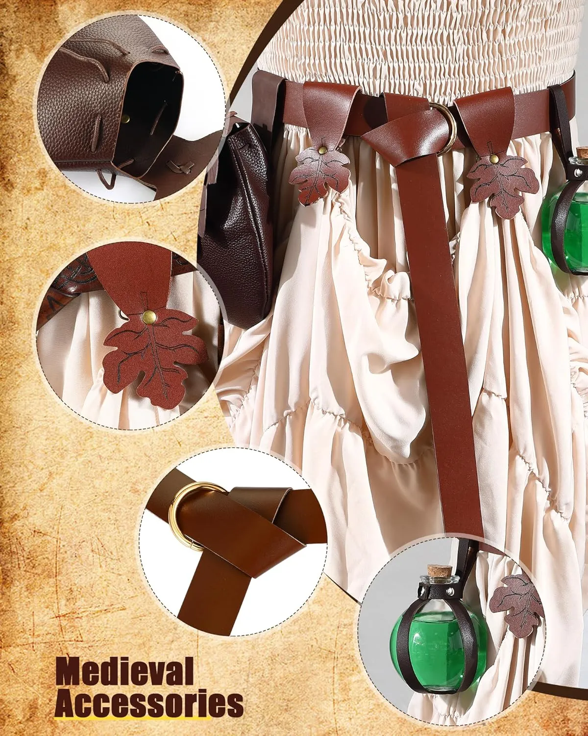 6 Pcs Women Renaissance Accessories Leaf Belt Bag Medieval Viking Belt Potion Bottles Leather Skirt Hikes