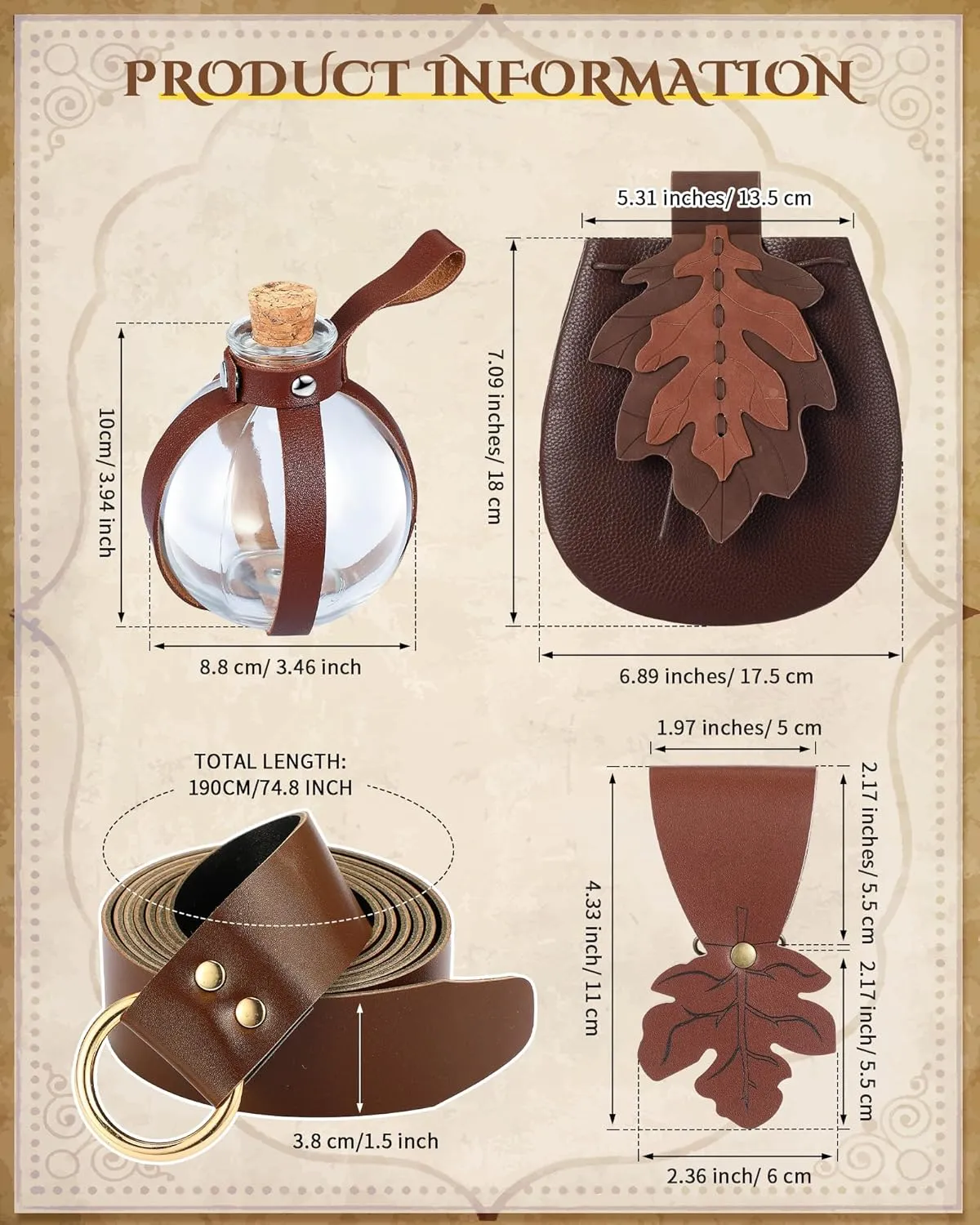 6 Pcs Women Renaissance Accessories Leaf Belt Bag Medieval Viking Belt Potion Bottles Leather Skirt Hikes