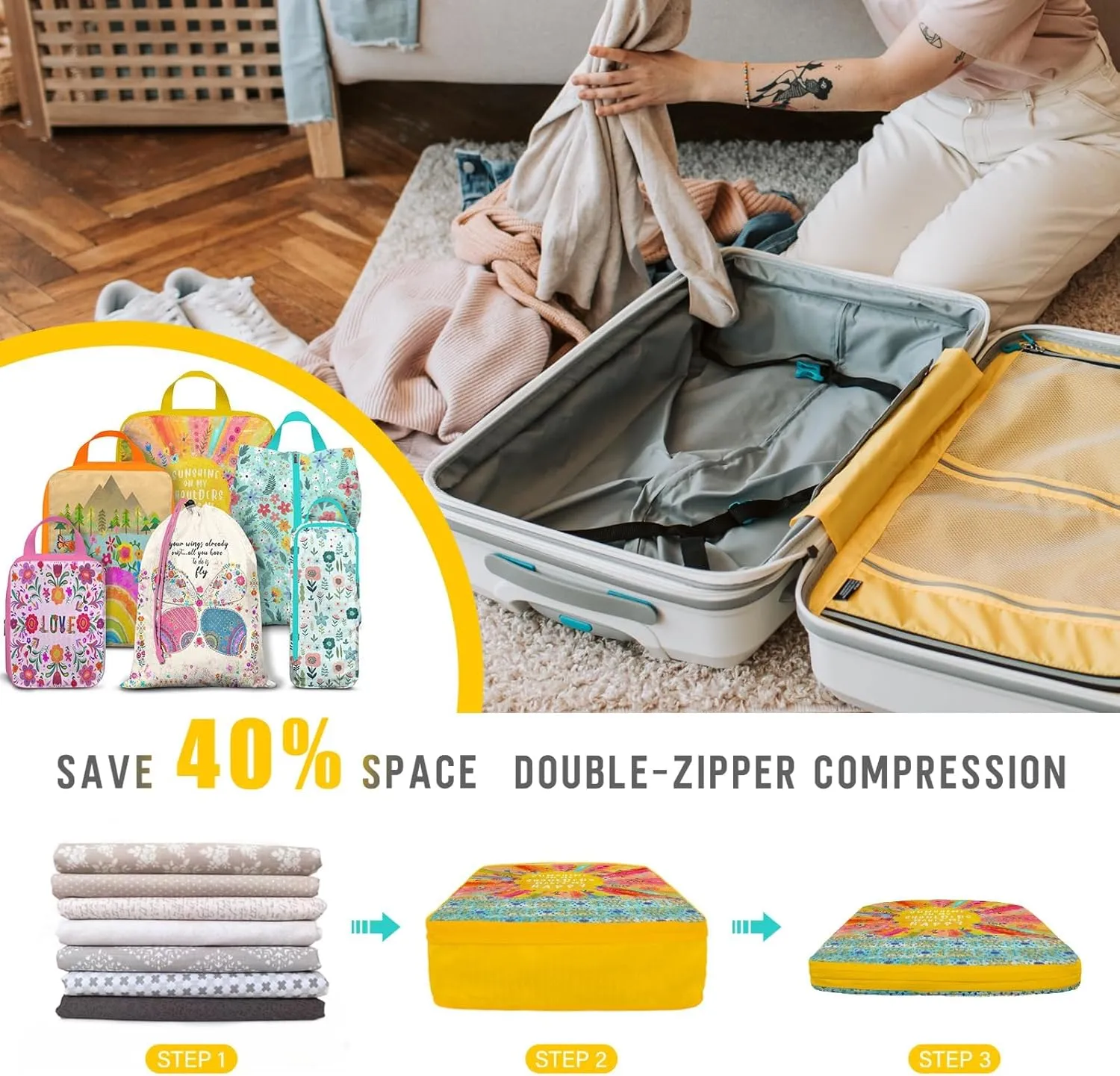6 Set Boho Compression Packing Cubes Compressed Storage Bags for Carry on Suitcases Packaging Luggage Bags Organizers for Travel