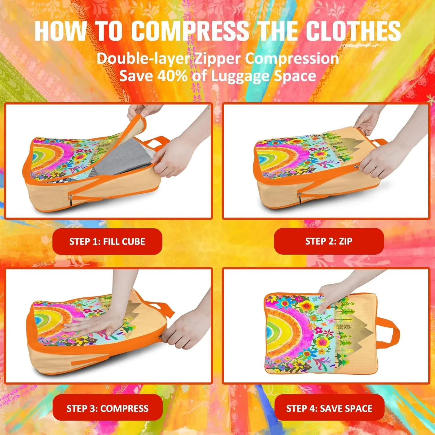 6 Set Boho Compression Packing Cubes Compressed Storage Bags for Carry on Suitcases Packaging Luggage Bags Organizers for Travel