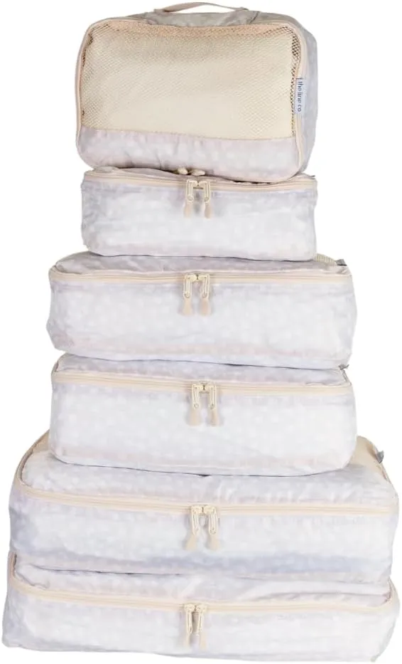6 Set Packing Cubes Luggage Organizer Bags, The Line Collection Packing Cubes for Travel (White Dots)