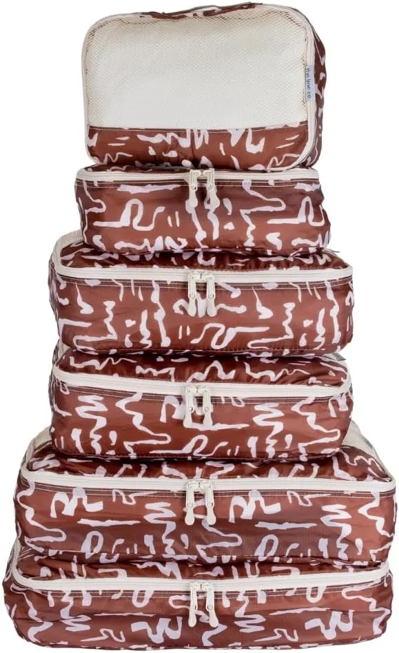 6 Set Packing Cubes Suitcase Organizer, The Line Collection Packing Cubes for Travel (Burnt Orange Squiggles)