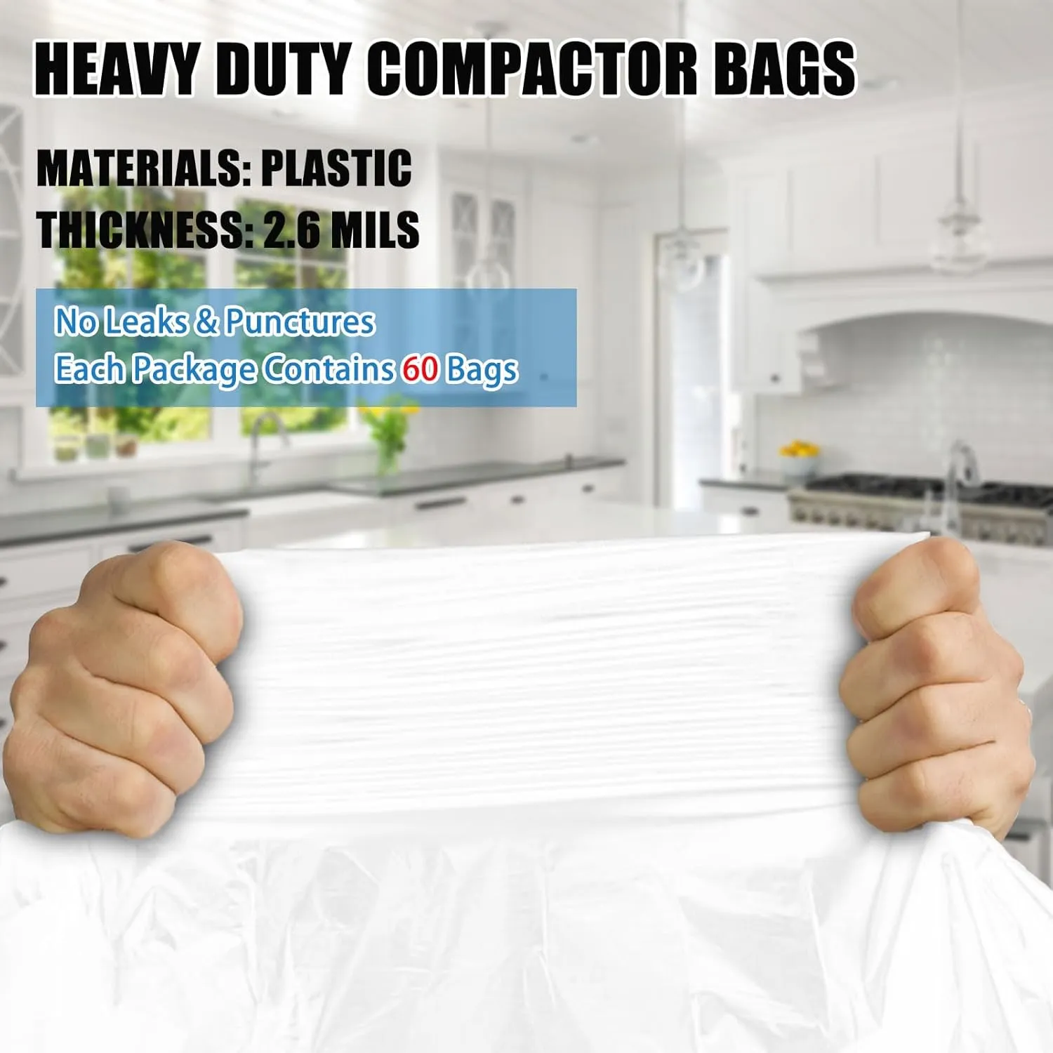 60-pack Trash Compactor Bags with Pre-punched Holes for Attaching, 2.6 mils Heavy Duty Trash Compactor Bags, Fits 15-inch Rectangular Drawer Compactors, Twist Ties Included, White
