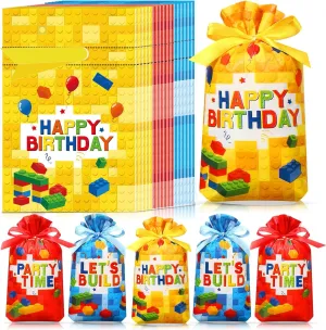60 Pcs Building Block Party Favors Bricks Drawstring Plastic Bags Birthday Candy Goodie Treat Bags for Building Block Party Gift Packing Supplies