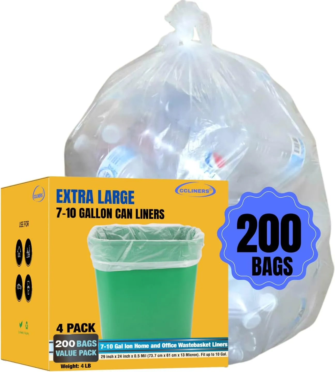 7-10 Gallon Clear Garbage Bags Medium Kitchen Trash Bags Large Plastic Wastebasket Trash Can Liners for Home and Office Bins, 200 Count (Fits 7 Gallon, 8 Gallon, 9 Gallon and 10 Gallon Bins)