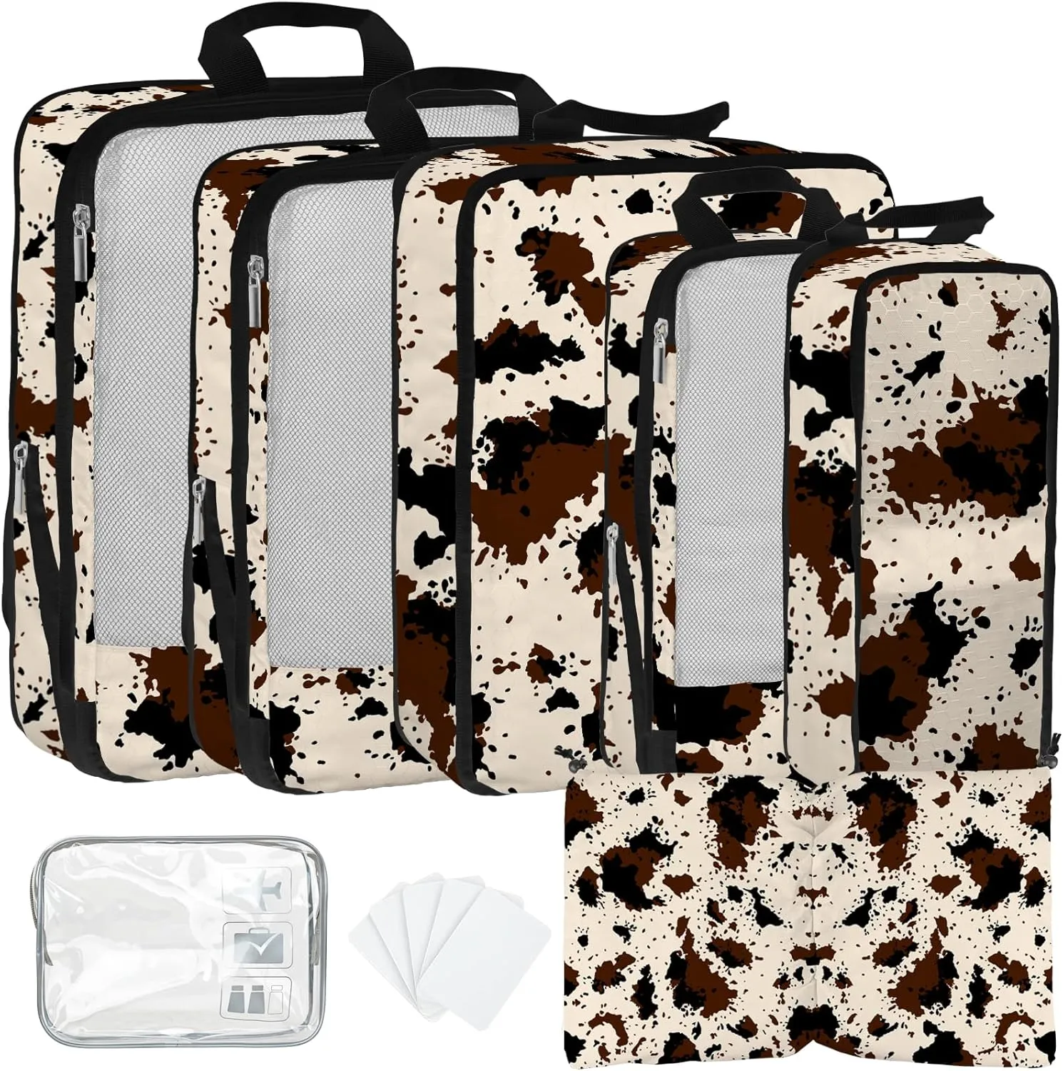 7 Pcs Compression Packing Cubes for Travel, Waterproof Suitcase Luggage Backpack Organizer with Toiletry Bag Travel Essentials for Women/Men-Cow Print