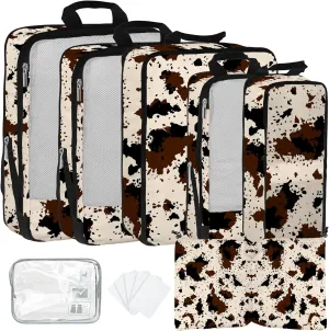 7 Pcs Compression Packing Cubes for Travel, Waterproof Suitcase Luggage Backpack Organizer with Toiletry Bag Travel Essentials for Women/Men-Cow Print
