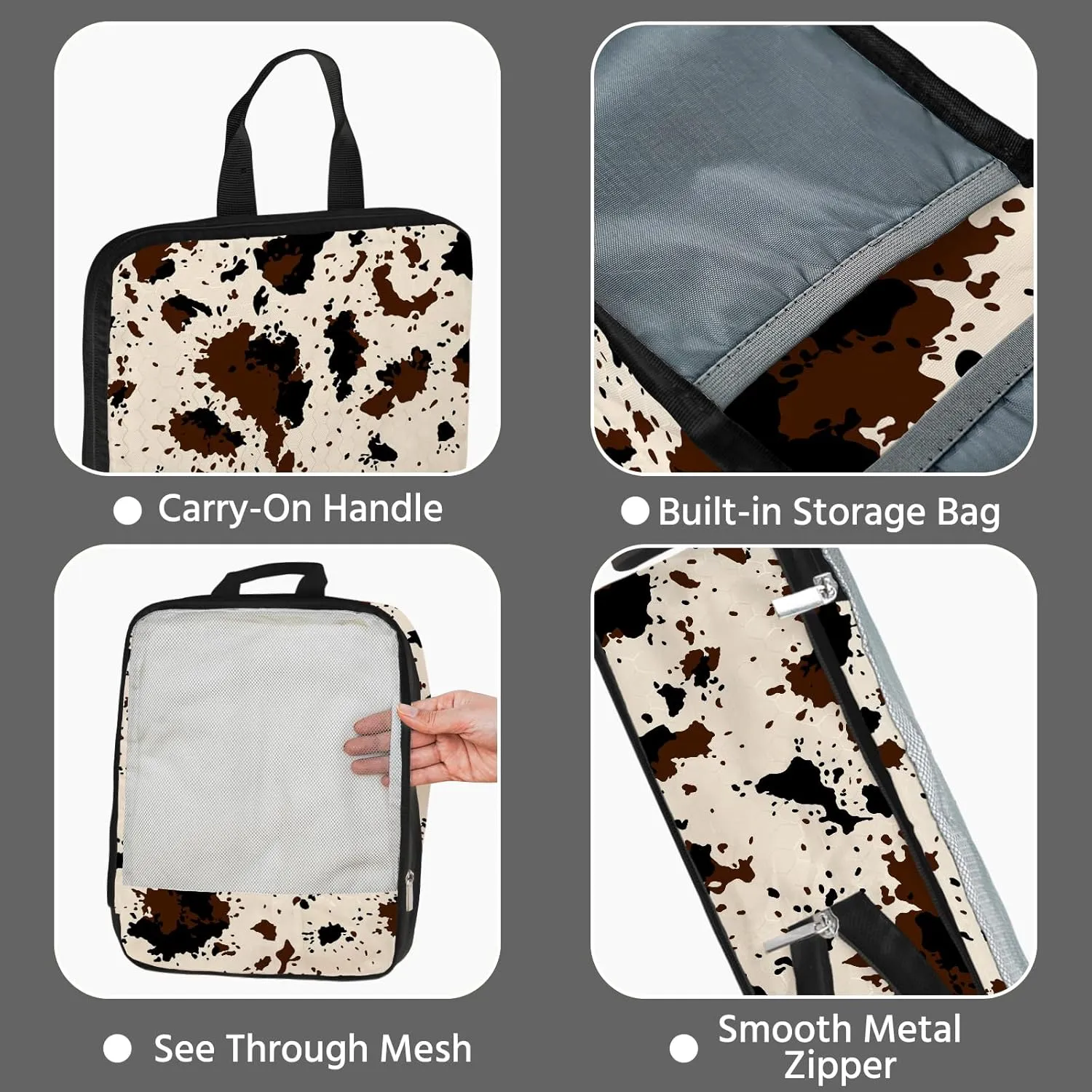 7 Pcs Compression Packing Cubes for Travel, Waterproof Suitcase Luggage Backpack Organizer with Toiletry Bag Travel Essentials for Women/Men-Cow Print