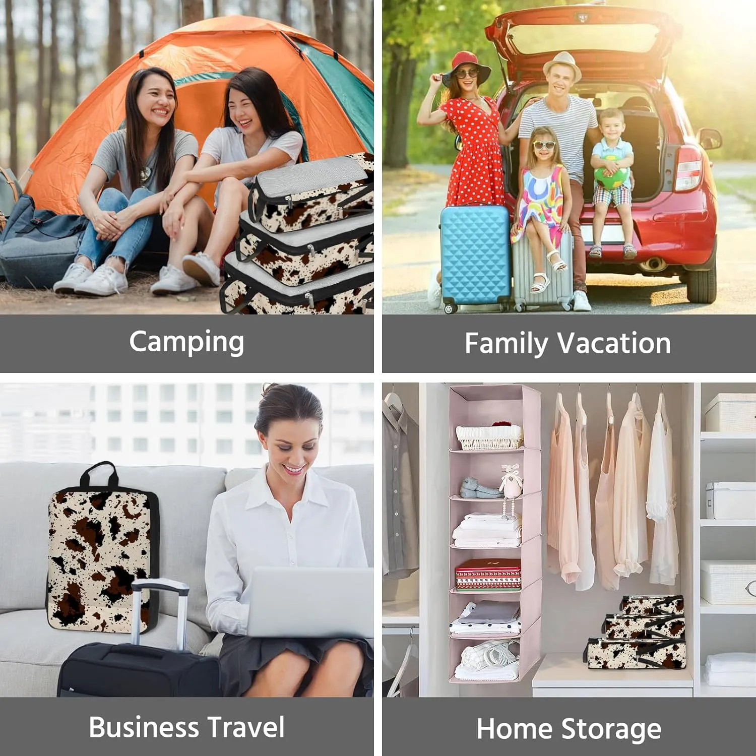 7 Pcs Compression Packing Cubes for Travel, Waterproof Suitcase Luggage Backpack Organizer with Toiletry Bag Travel Essentials for Women/Men-Cow Print