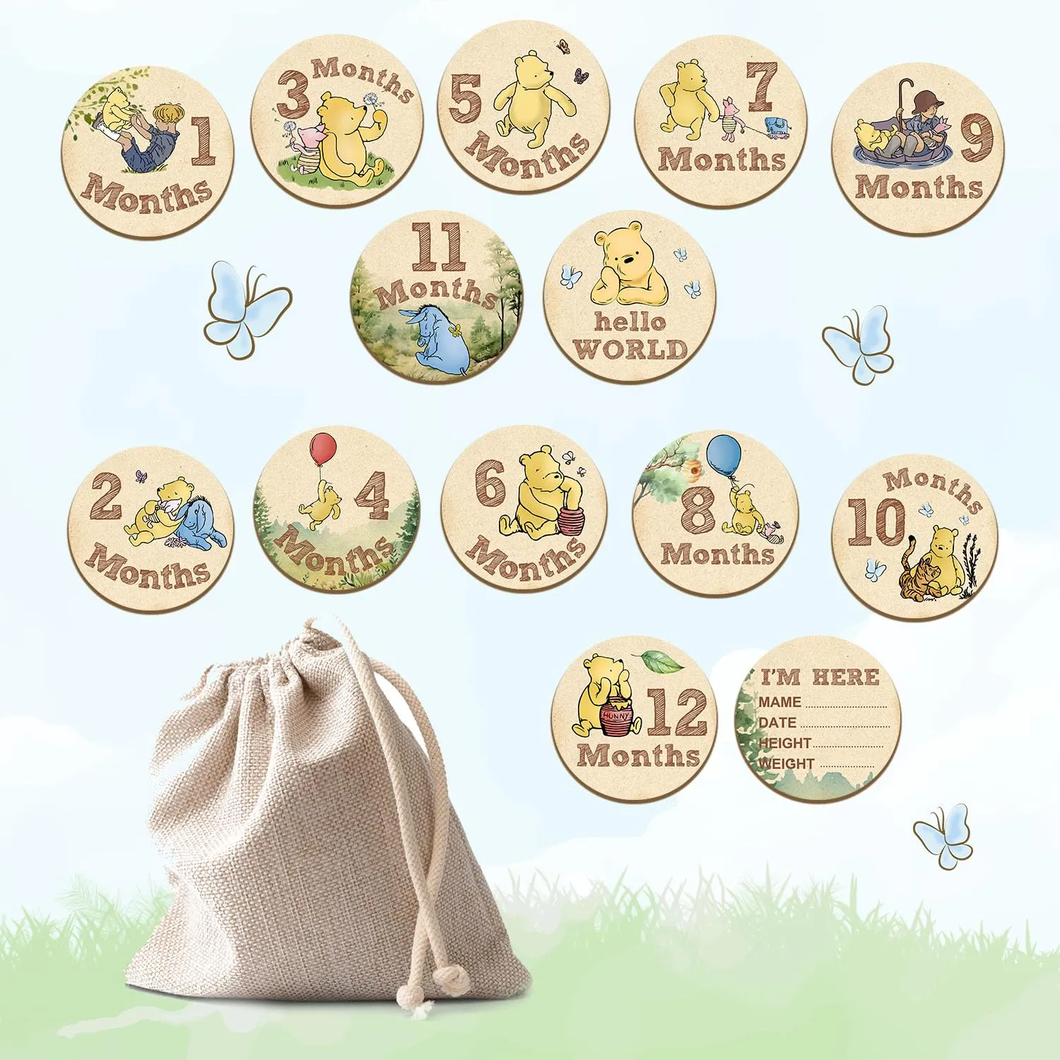 7 Pcs Winnie Baby Monthly Milestone Markers, Winnie Double Sided Winnie Baby Months Wooden Signs with Storage Bag, Winnie Baby Monthly Announcement Wooden Discs, Winnie Milestone Pictures of Newborn
