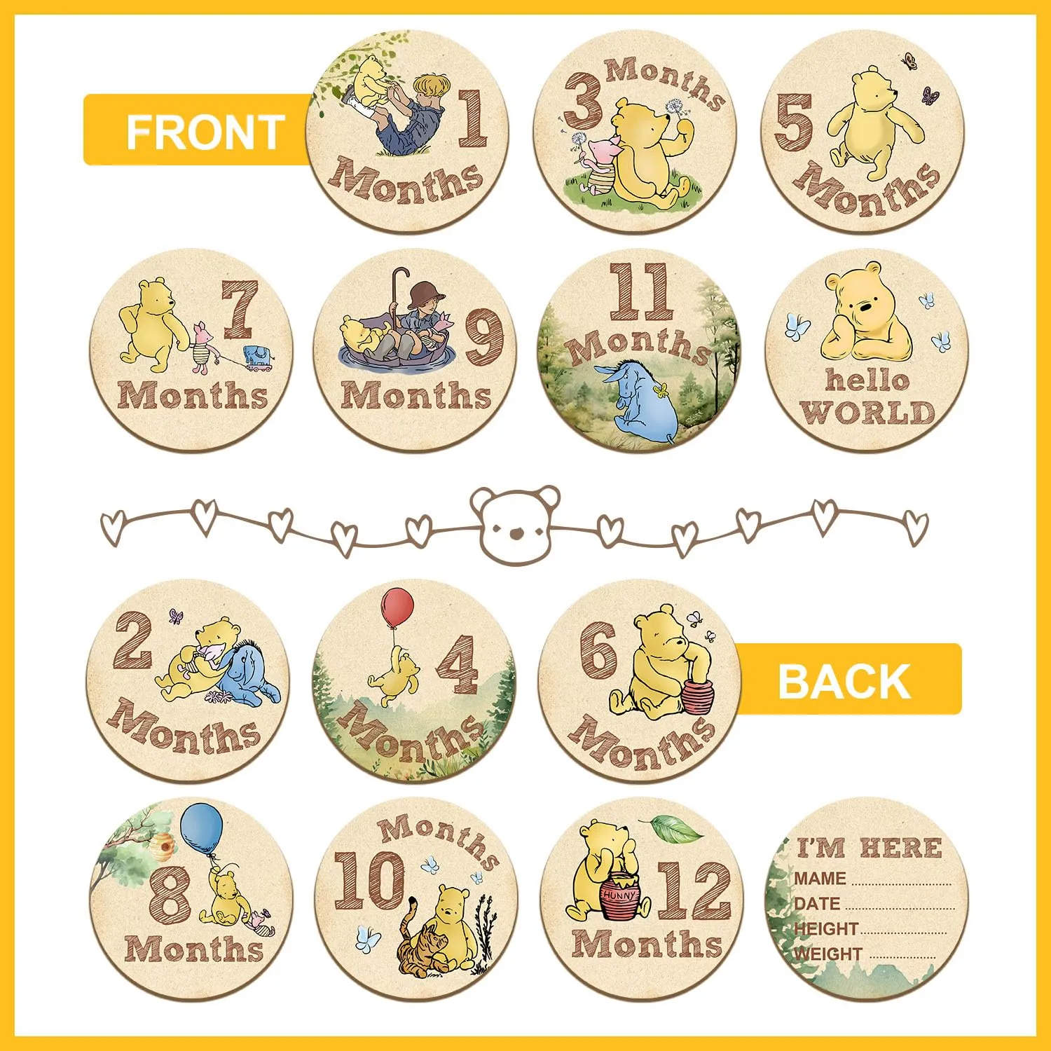 7 Pcs Winnie Baby Monthly Milestone Markers, Winnie Double Sided Winnie Baby Months Wooden Signs with Storage Bag, Winnie Baby Monthly Announcement Wooden Discs, Winnie Milestone Pictures of Newborn