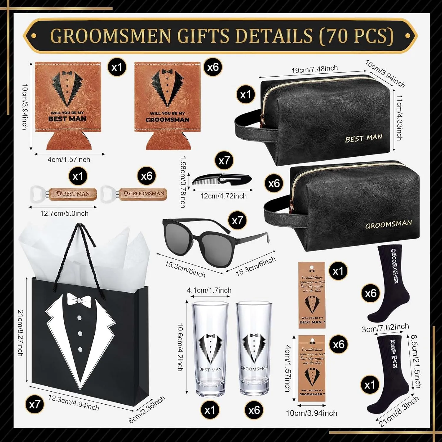 70Pcs Groomsmen Gifts Groomsmen Proposal Box with Shot Glasses Socks Sunglasses PU Leather Toiletry Bag Bottle Opener Can Cooler Groomsman Gifts for Wedding Groomsmen Best Man Gift (70, Black)