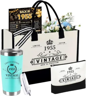 70th Birthday Gifts for Women Her- 4 pcs, Turning 70 Year Old Gifts, Decorations Canvas Beach Tote Bag & Makeup Bag, Unique Happy 70th Birthday gifts for Her Mom Wife Friends