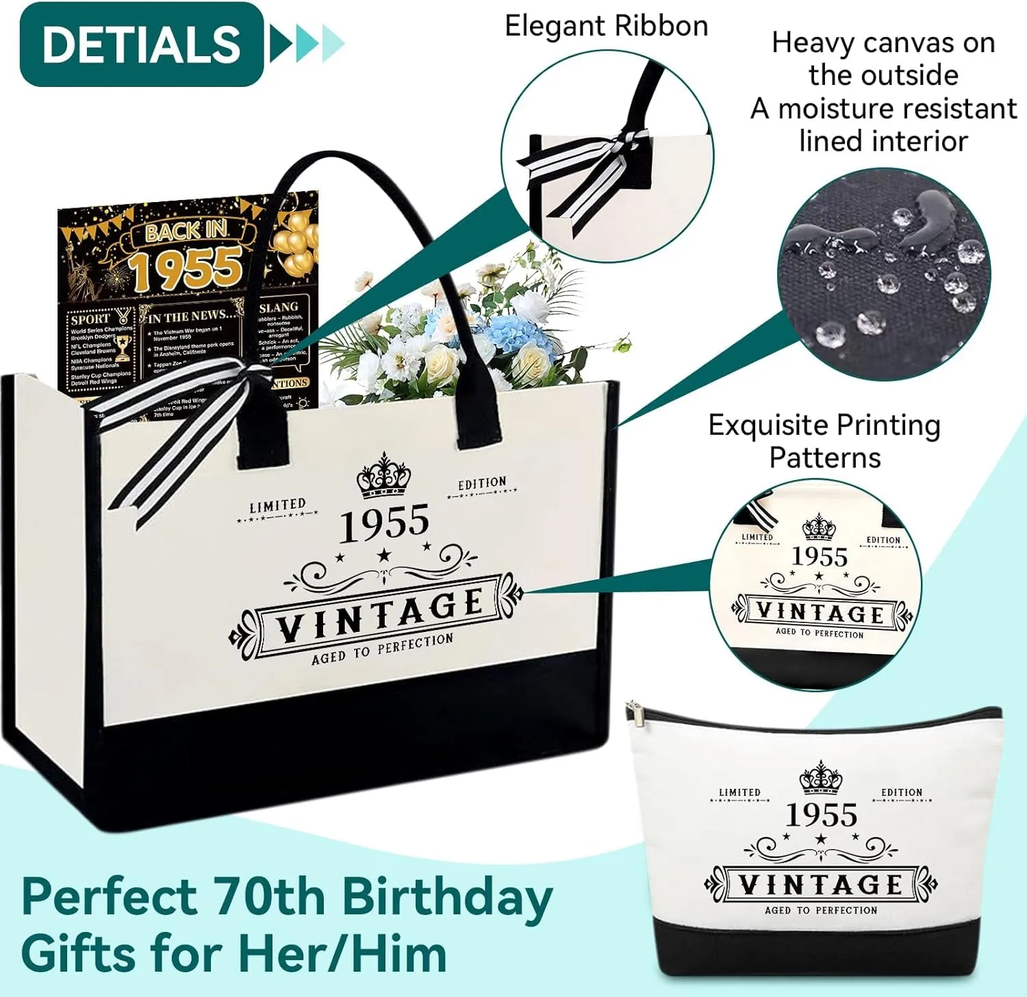 70th Birthday Gifts for Women Her- 4 pcs, Turning 70 Year Old Gifts, Decorations Canvas Beach Tote Bag & Makeup Bag, Unique Happy 70th Birthday gifts for Her Mom Wife Friends