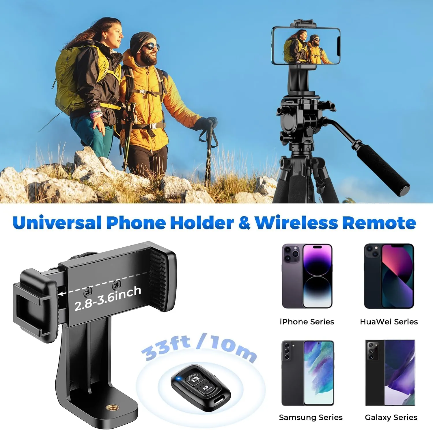 75” Camera Tripod Stand, Heavy Duty Tripod for Camera with Phone Holder and Travel Bag, Compatible with Video Camera, DSLR, Spotting Scopes, Camcorder, GoPro, Cell Phone, Max Load 11LB (Black)