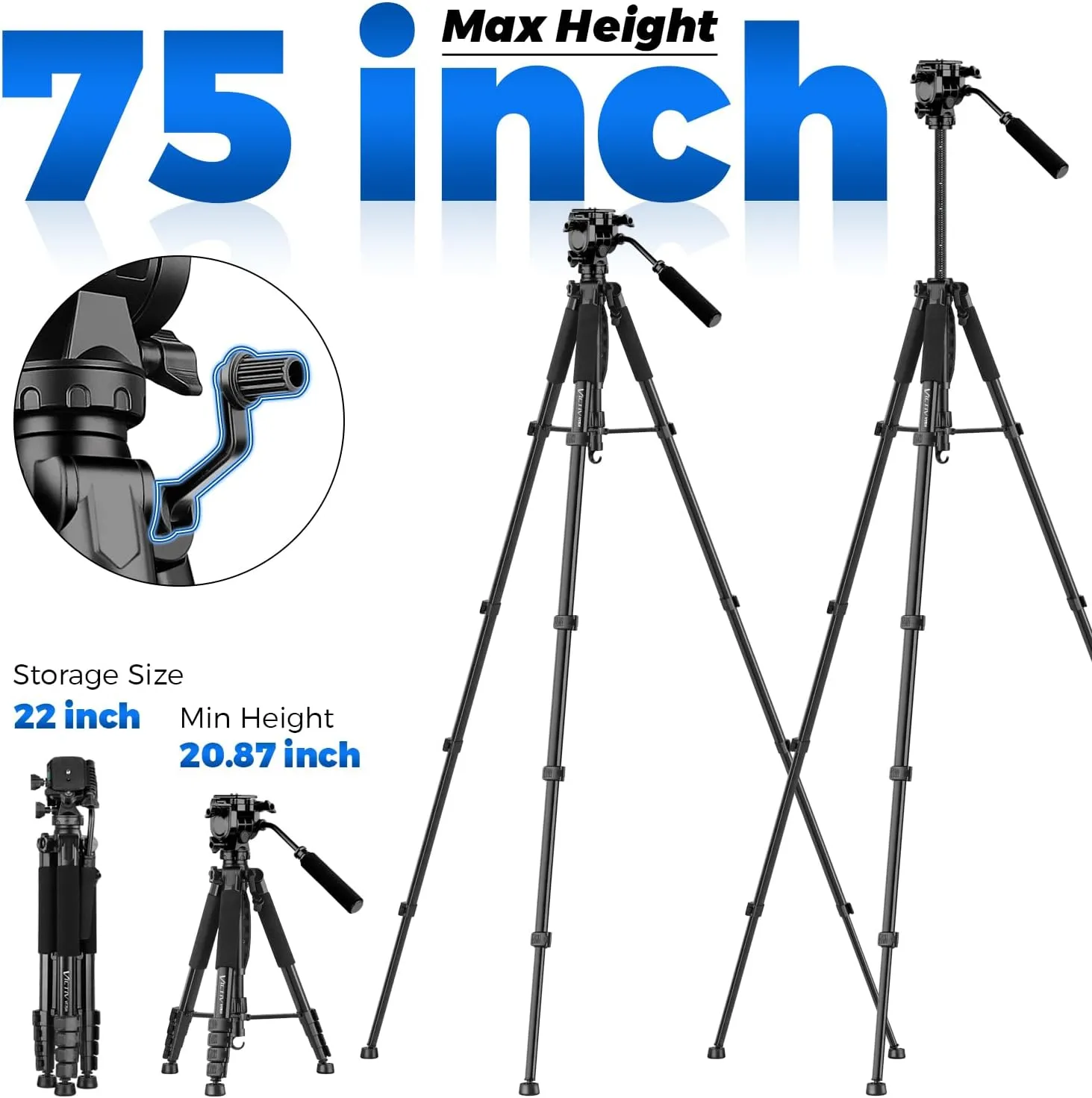 75” Camera Tripod Stand, Heavy Duty Tripod for Camera with Phone Holder and Travel Bag, Compatible with Video Camera, DSLR, Spotting Scopes, Camcorder, GoPro, Cell Phone, Max Load 11LB (Black)
