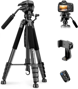 75” Camera Tripod Stand, Heavy Duty Tripod for Camera with Phone Holder and Travel Bag, Compatible with Video Camera, DSLR, Spotting Scopes, Camcorder, GoPro, Cell Phone, Max Load 11LB (Black)
