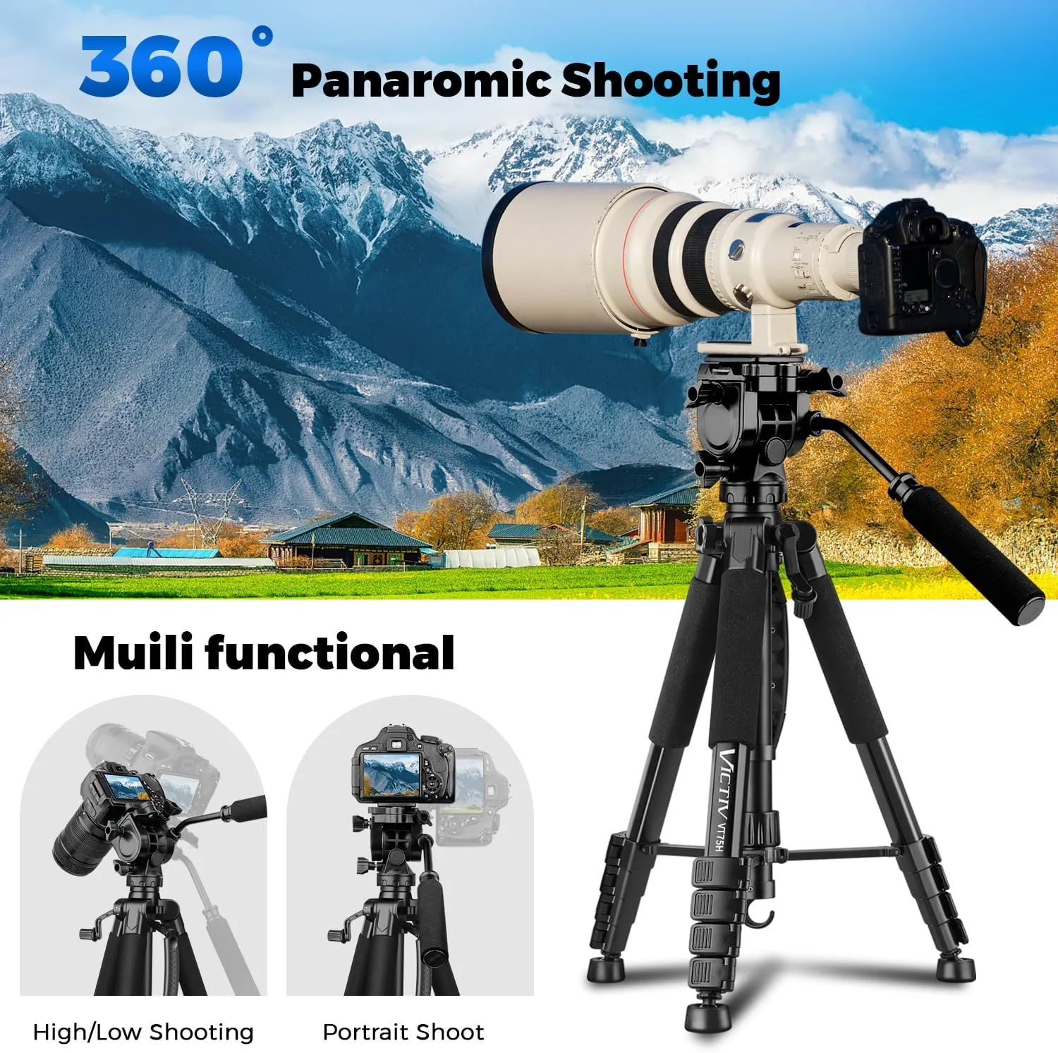 75” Camera Tripod Stand, Heavy Duty Tripod for Camera with Phone Holder and Travel Bag, Compatible with Video Camera, DSLR, Spotting Scopes, Camcorder, GoPro, Cell Phone, Max Load 11LB (Black)