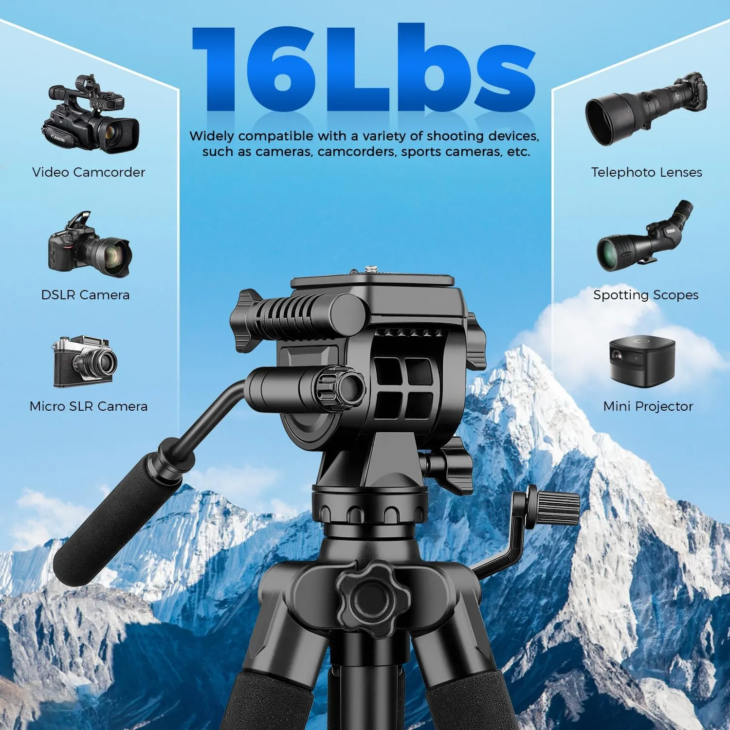 75” Camera Tripod Stand, Heavy Duty Tripod for Camera with Phone Holder and Travel Bag, Compatible with Video Camera, DSLR, Spotting Scopes, Camcorder, GoPro, Cell Phone, Max Load 11LB (Black)