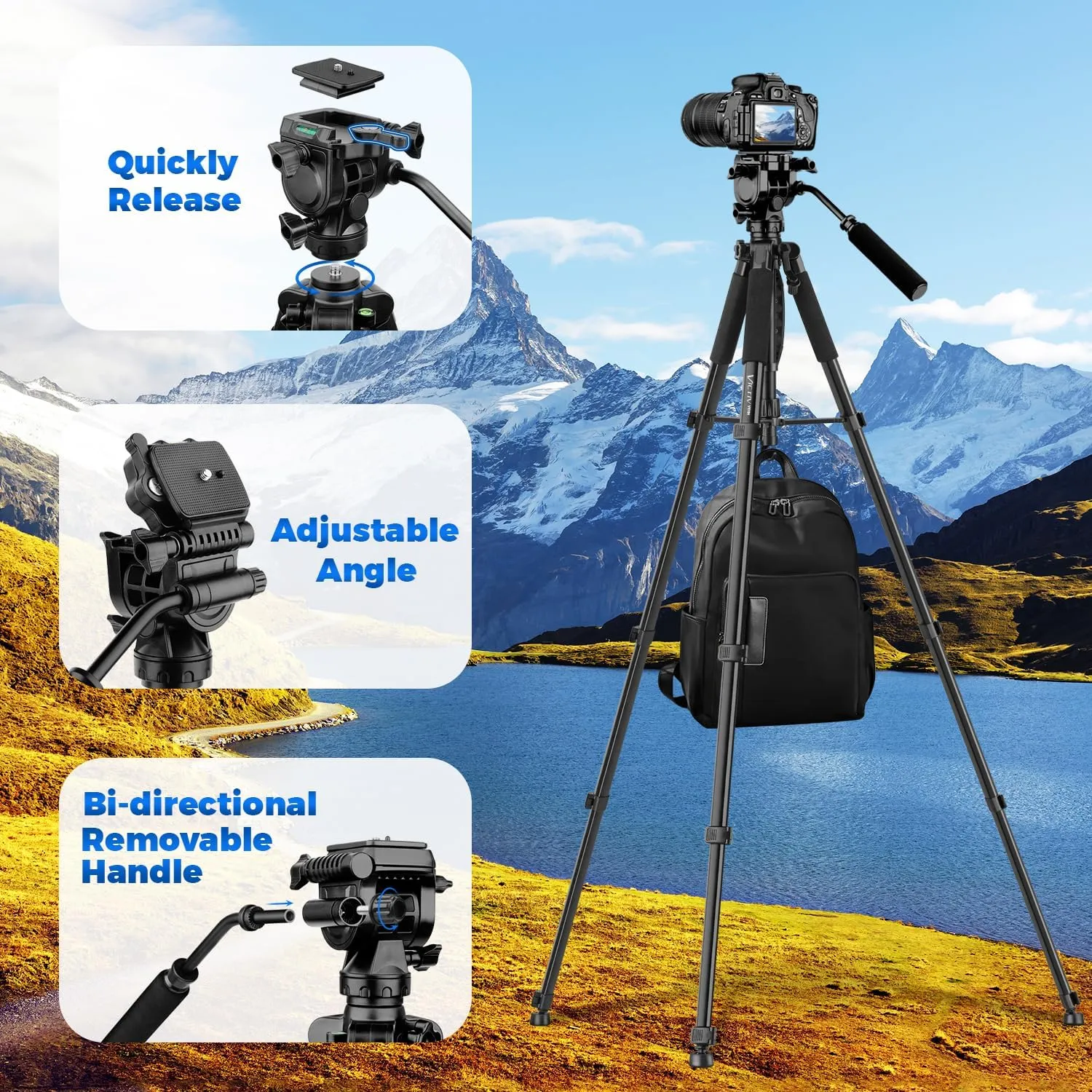 75” Camera Tripod Stand, Heavy Duty Tripod for Camera with Phone Holder and Travel Bag, Compatible with Video Camera, DSLR, Spotting Scopes, Camcorder, GoPro, Cell Phone, Max Load 11LB (Black)