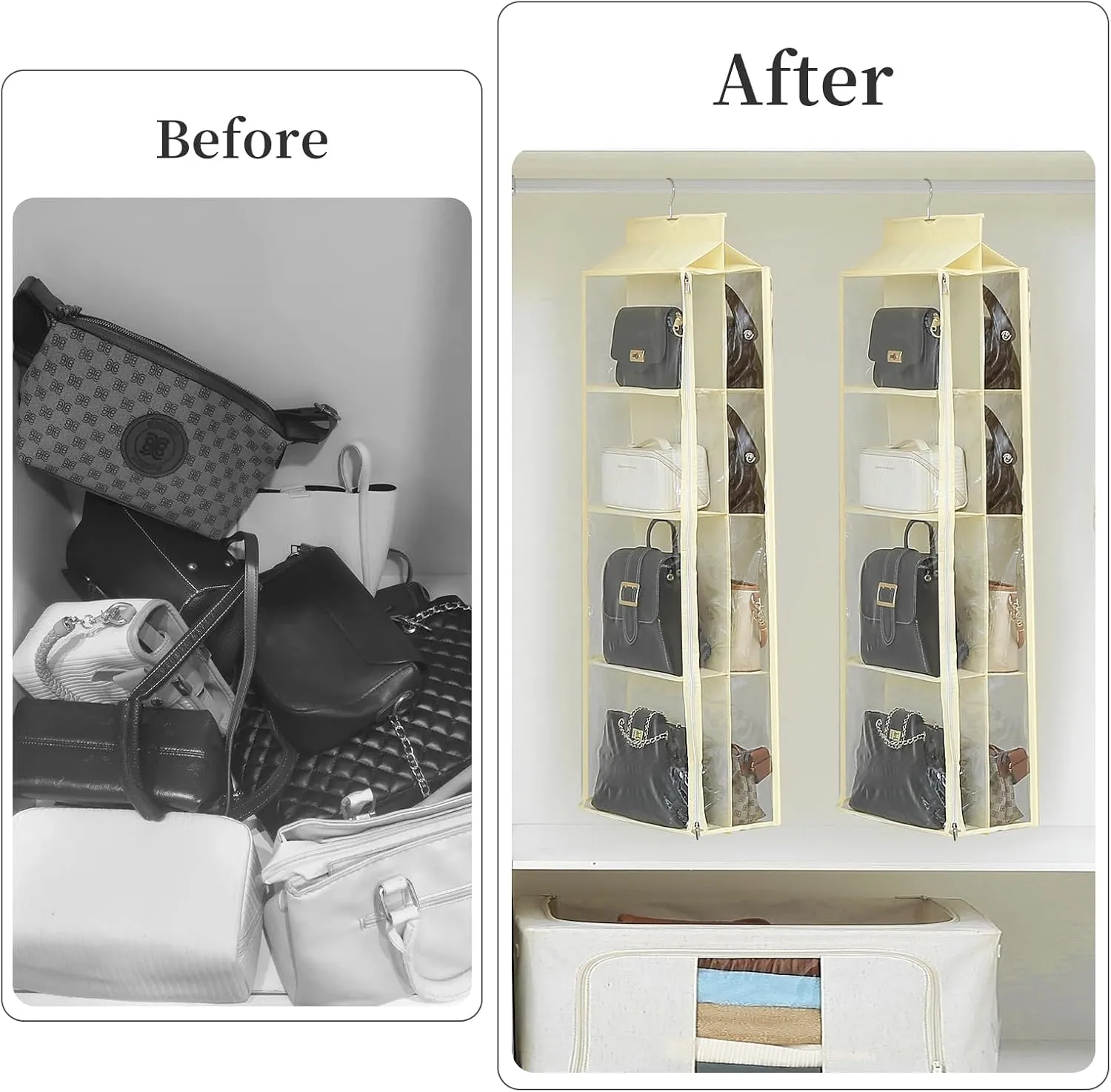 8 Grids in 1 Pack Hanging Purse Handbag Organizer with Double Zippers, Visible Purse Organizer for Closet, Fully Enclosed Purse Storage Holder-Beige