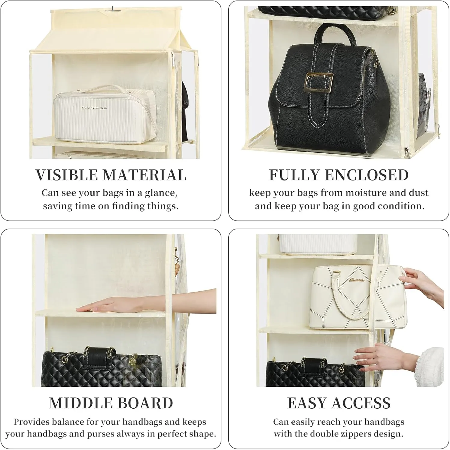 8 Grids in 1 Pack Hanging Purse Handbag Organizer with Double Zippers, Visible Purse Organizer for Closet, Fully Enclosed Purse Storage Holder-Beige