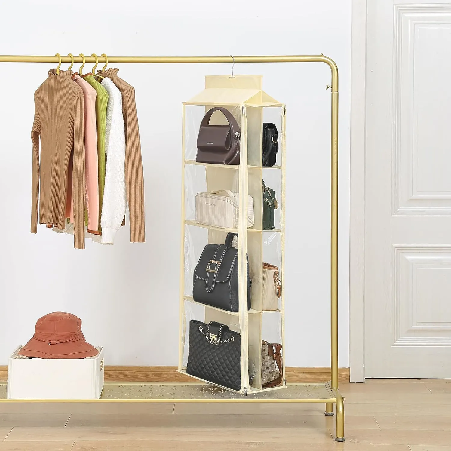 8 Grids in 1 Pack Hanging Purse Handbag Organizer with Double Zippers, Visible Purse Organizer for Closet, Fully Enclosed Purse Storage Holder-Beige
