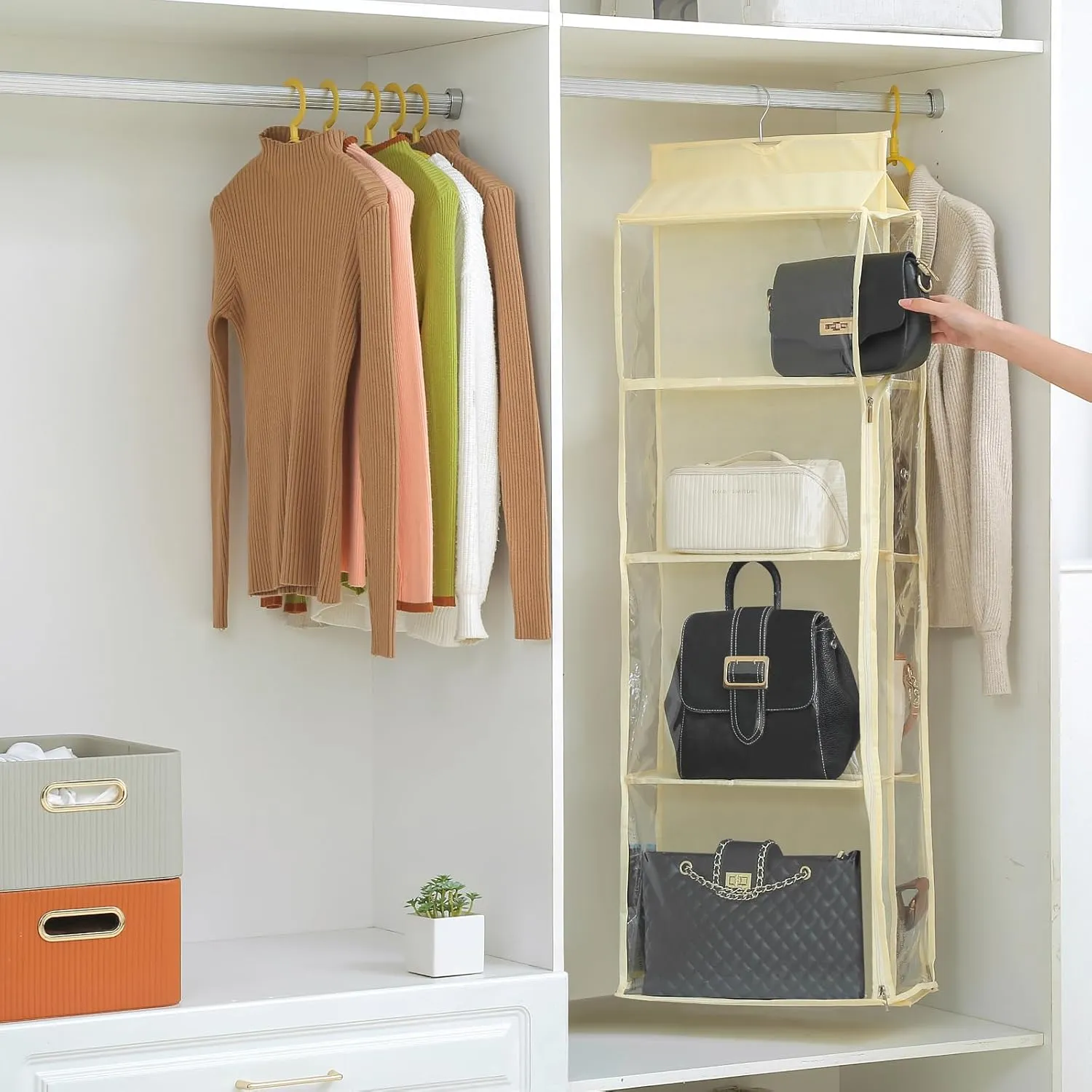 8 Grids in 1 Pack Hanging Purse Handbag Organizer with Double Zippers, Visible Purse Organizer for Closet, Fully Enclosed Purse Storage Holder-Beige