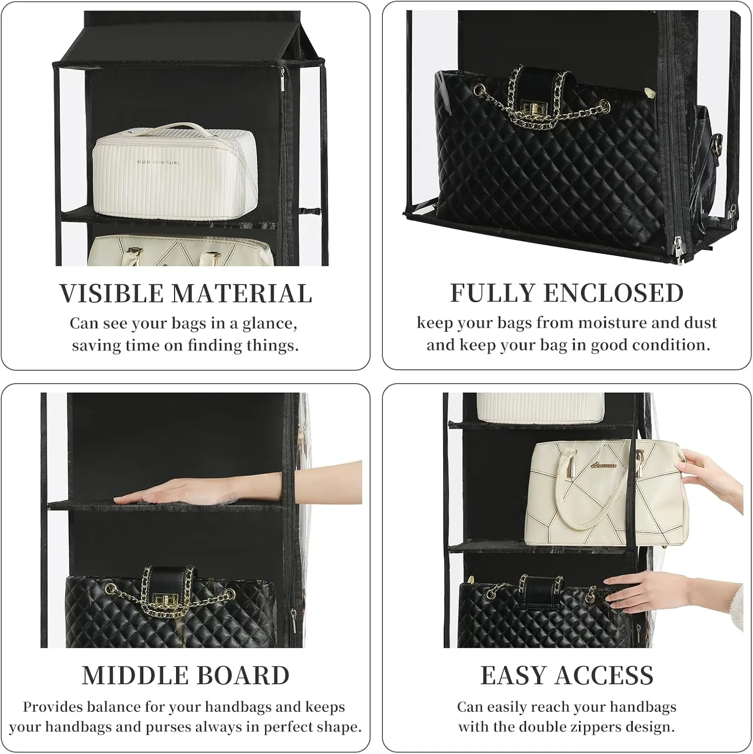 8 Grids in 1 Pack Hanging Purse Handbag Organizer with Double Zippers, Visible Purse Organizer for Closet, Fully Enclosed Purse Storage Holder-Black