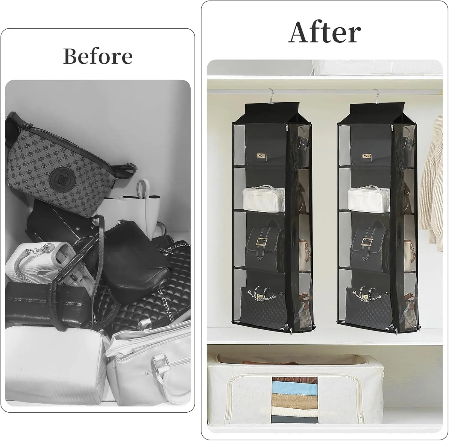 8 Grids in 1 Pack Hanging Purse Handbag Organizer with Double Zippers, Visible Purse Organizer for Closet, Fully Enclosed Purse Storage Holder-Black
