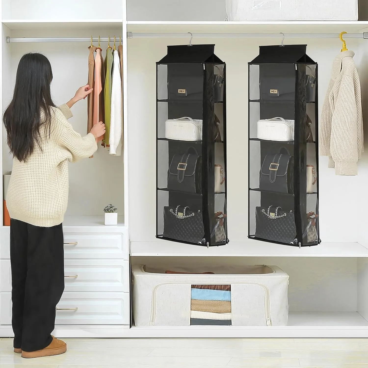 8 Grids in 1 Pack Hanging Purse Handbag Organizer with Double Zippers, Visible Purse Organizer for Closet, Fully Enclosed Purse Storage Holder-Black