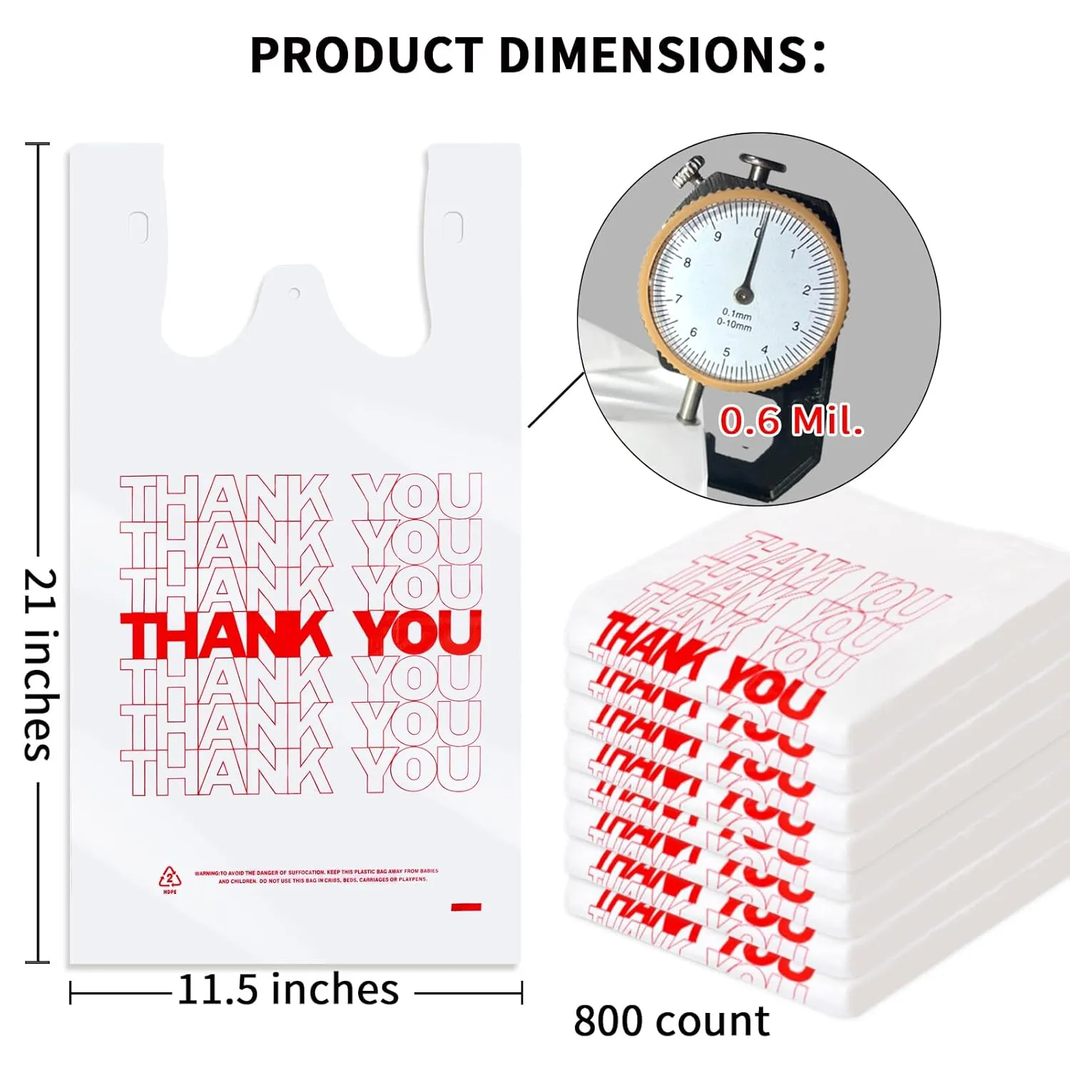 800 Count Thank You Bags, Plastic Shopping Bags with Handles (11.5" x 6.5" x 21") 15mic, 0.6 Mil, Plastic Grocery Bags - Perfect for Restaurant, Retail